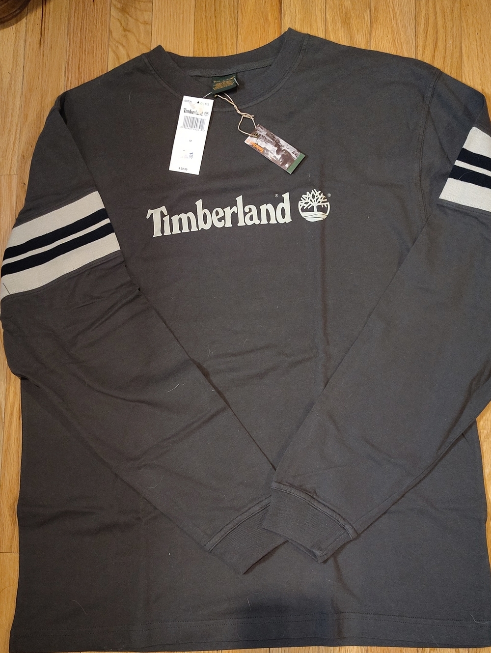 Timberland Charcoal Long Sleeve Logo Tee with Striped Sleeves